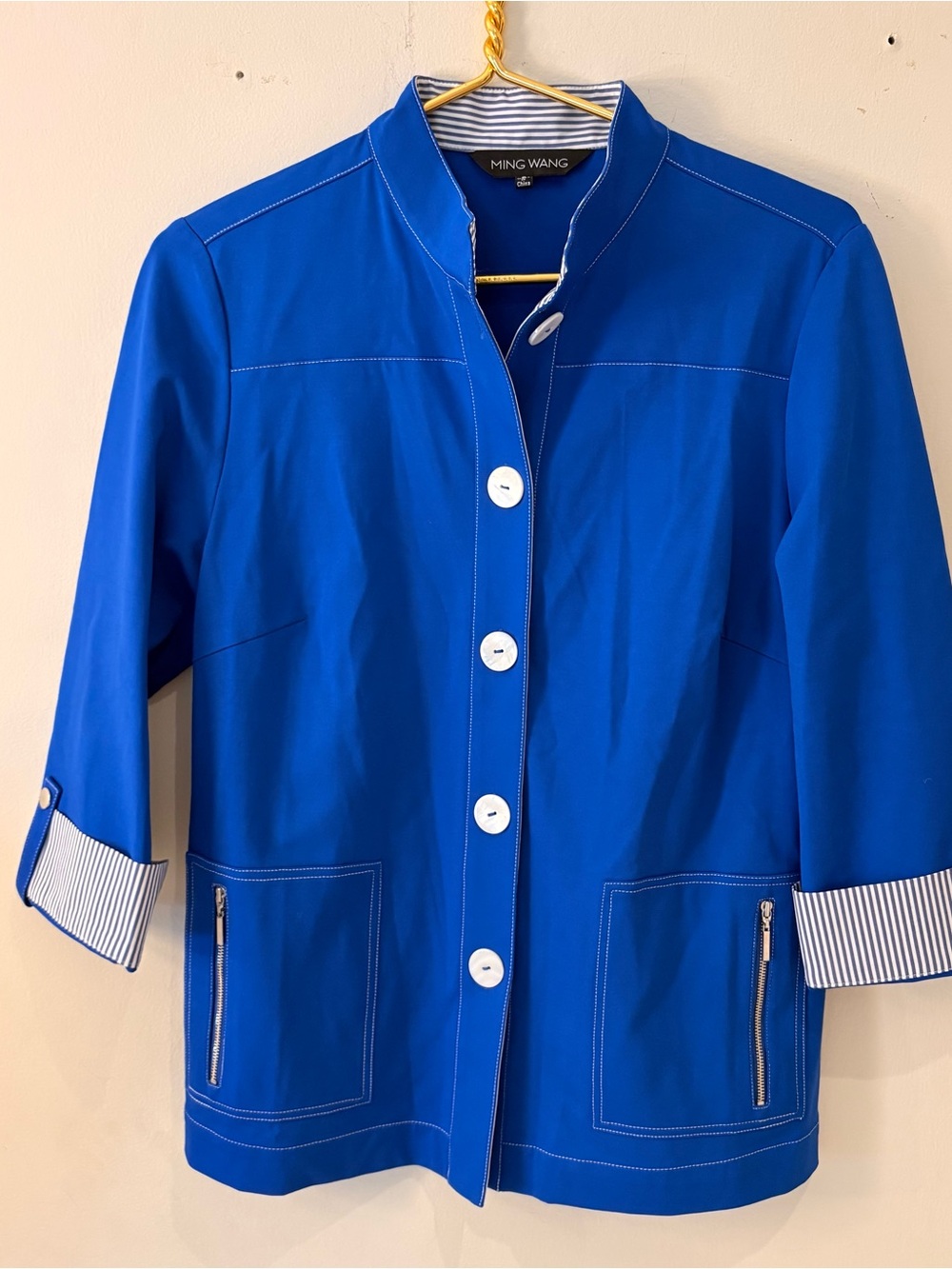 Ming Wang Cobalt Royal Blue Button-Front Jacket with Contrast Striped Trim Sz S